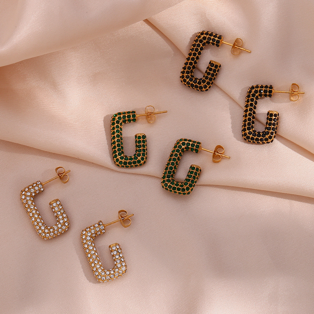 15g Weight Fashion Geometric Plating Metal 304 Stainless Steel Zircon 18K Gold Plated Earrings