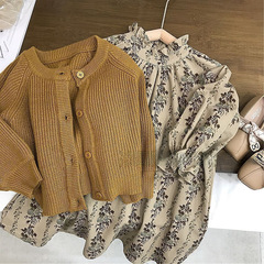 女小童碎花連衣裙套裝女童針織毛衣外套新款童裝兒童森系兩件套裙