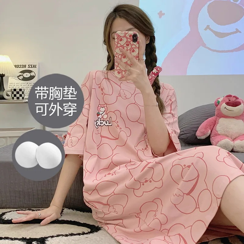 Pijama con cojín de pecho, vestido de algodón, vestido de pijama, dibujos animados dulces y lindos para aumentar la ropa para el hogar al por mayor.
