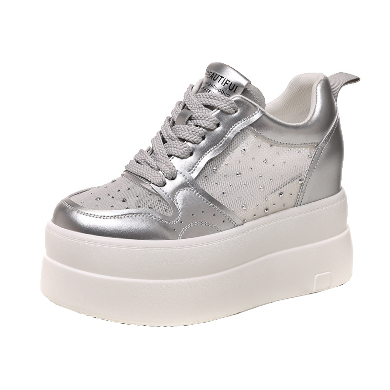 Giày sneaker nữ đế dày tăng chiều cao, mặt lưới thoáng khí, phối trắng đa năng — bạc trắng