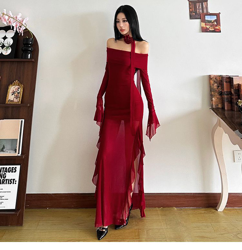 Christmas Girl's Chinese-Style Retro Red One-Shoulder Irregular Dress with Slit, Slim Fit, and Ruffled Long Skirt