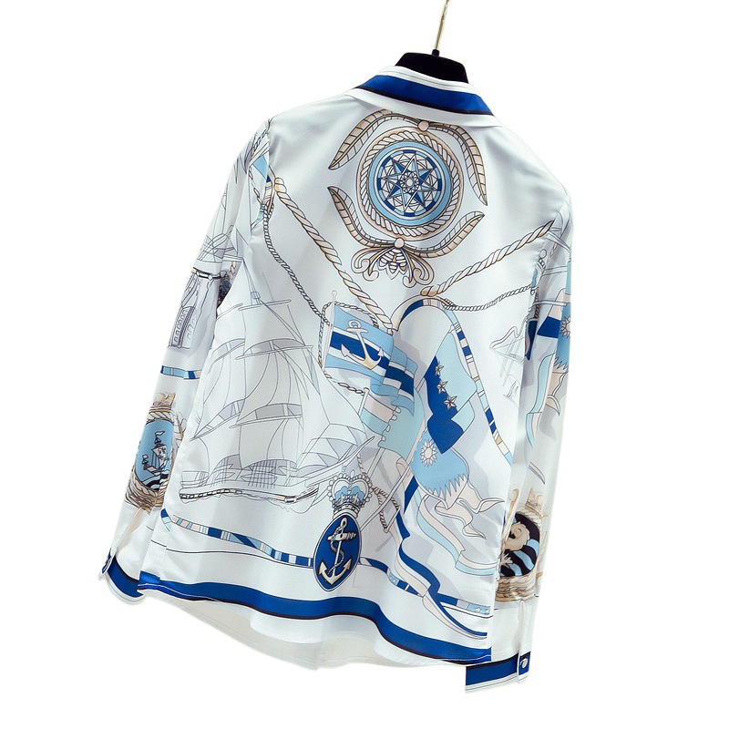 Women's Clothing 2024 early autumn real shot interesting printed chiffon shirt polo collar long sleeved floral commuter shirt women's tops_voghion.com