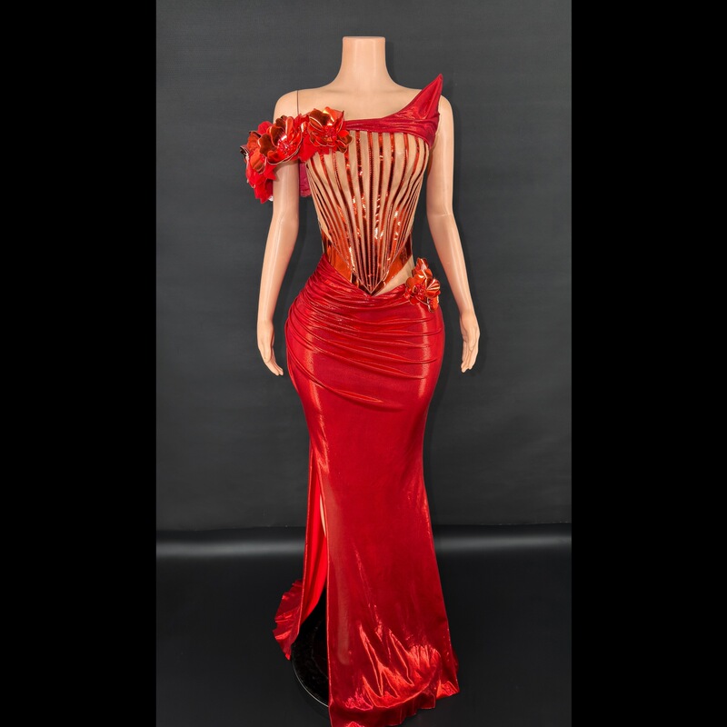 European and American Cross-Border Trade Red Three-Dimensional Floral Corset Bustier Gown for Beauty Pageants and Runway Shows