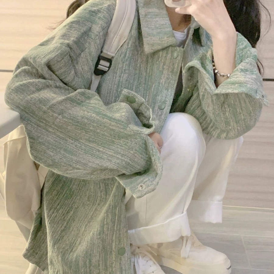 品牌折扣欧货女装复古绿色衬衫外套女春秋宽松时尚学院风长袖上衣