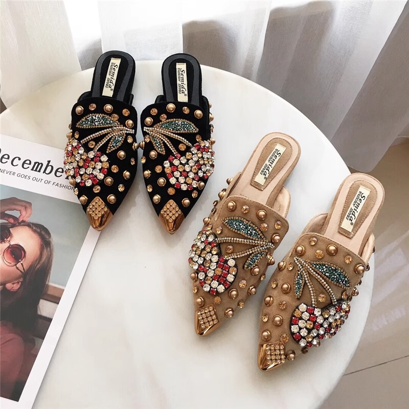 Foreign Trade plus size Baotou Half Slippers Women's Cherry Rhinestone Pointed Outfit Lazy TikTok Rivet Flat Shoes Sandals for Women