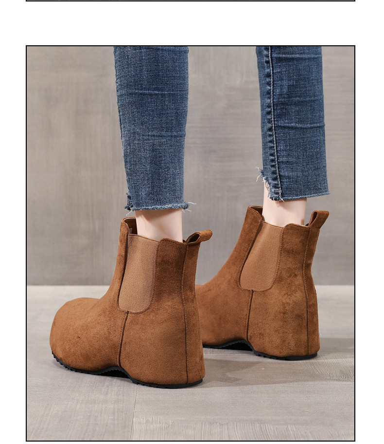 Boot Chelsea nữ cổ thun đế dày tăng chiều cao lót lông cừu mùa thu đông — Màu nâu chi tiết 10