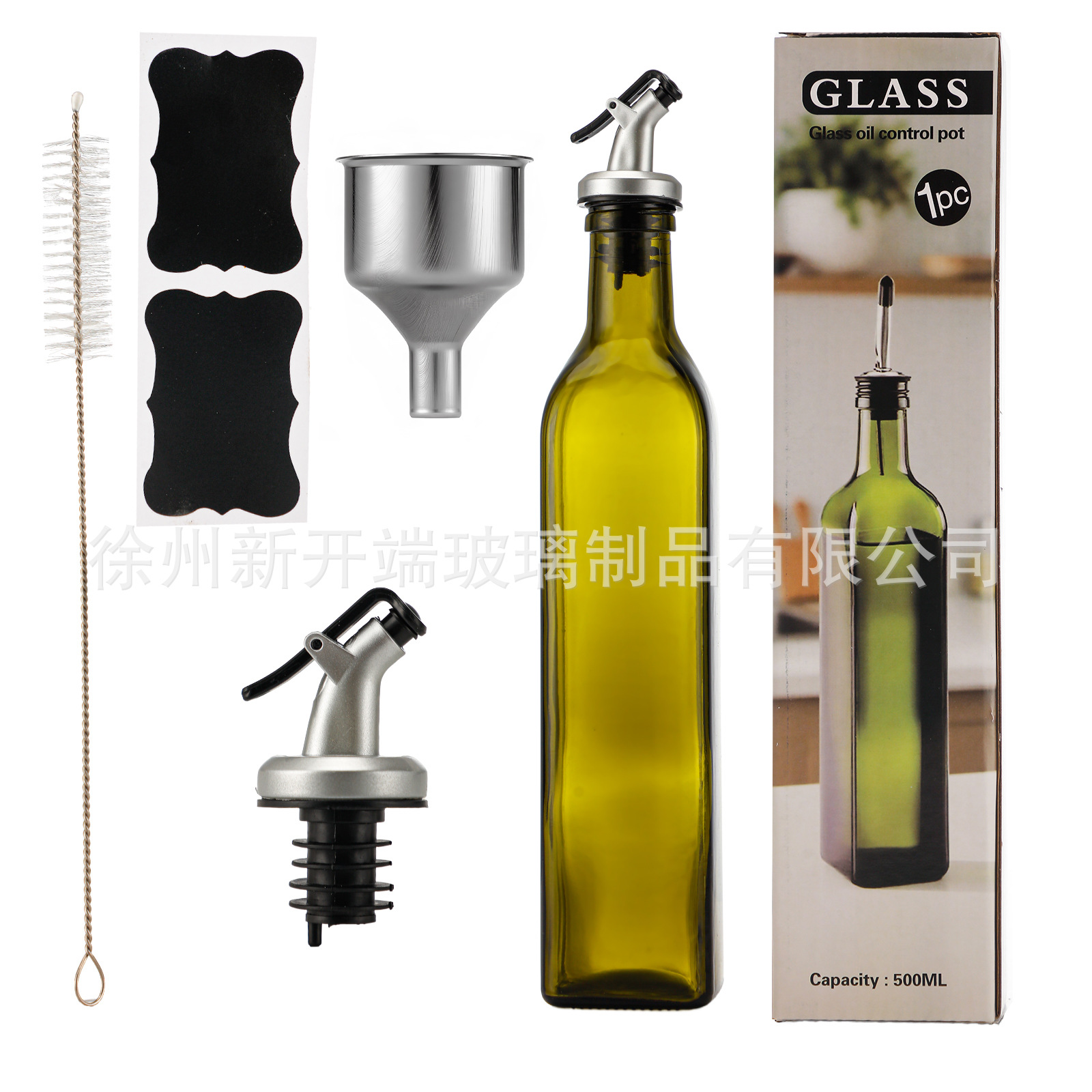 Botella de aceite de vidrio Amazon 500ml dispensador de olla de aceite de oliva verde oscuro Juego de botella de vinagre transfronterizo
