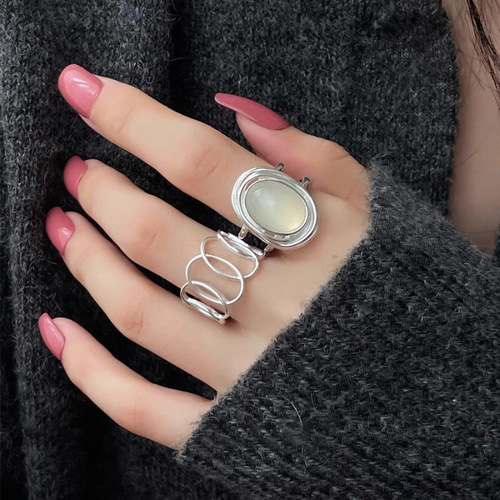 Korean style ring female personality niche egg white stone pigeon egg ring cold style simple versatile hollow line ring