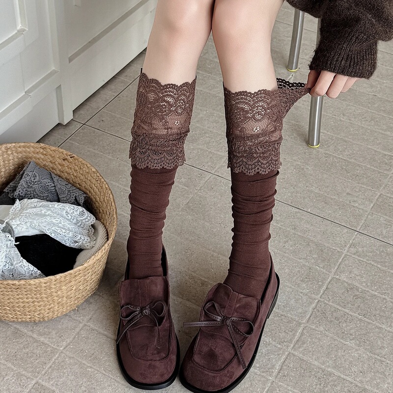 Melard brown calf socks for women, white ruffled socks, spring, autumn, and winter, trendy lace trim long boot socks Melard brown calf socks for women, white ruffled socks, spring, autumn, and winter, trendy lace trim long boot socks