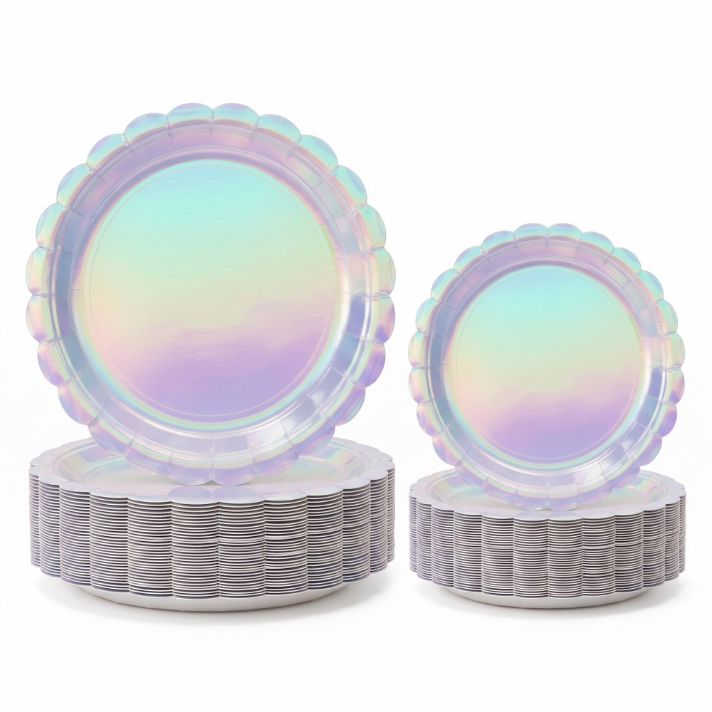 Food-grade glossy silver-bottomed laser wavy edge paper plates, available in two sizes, trendy party disposable tableware