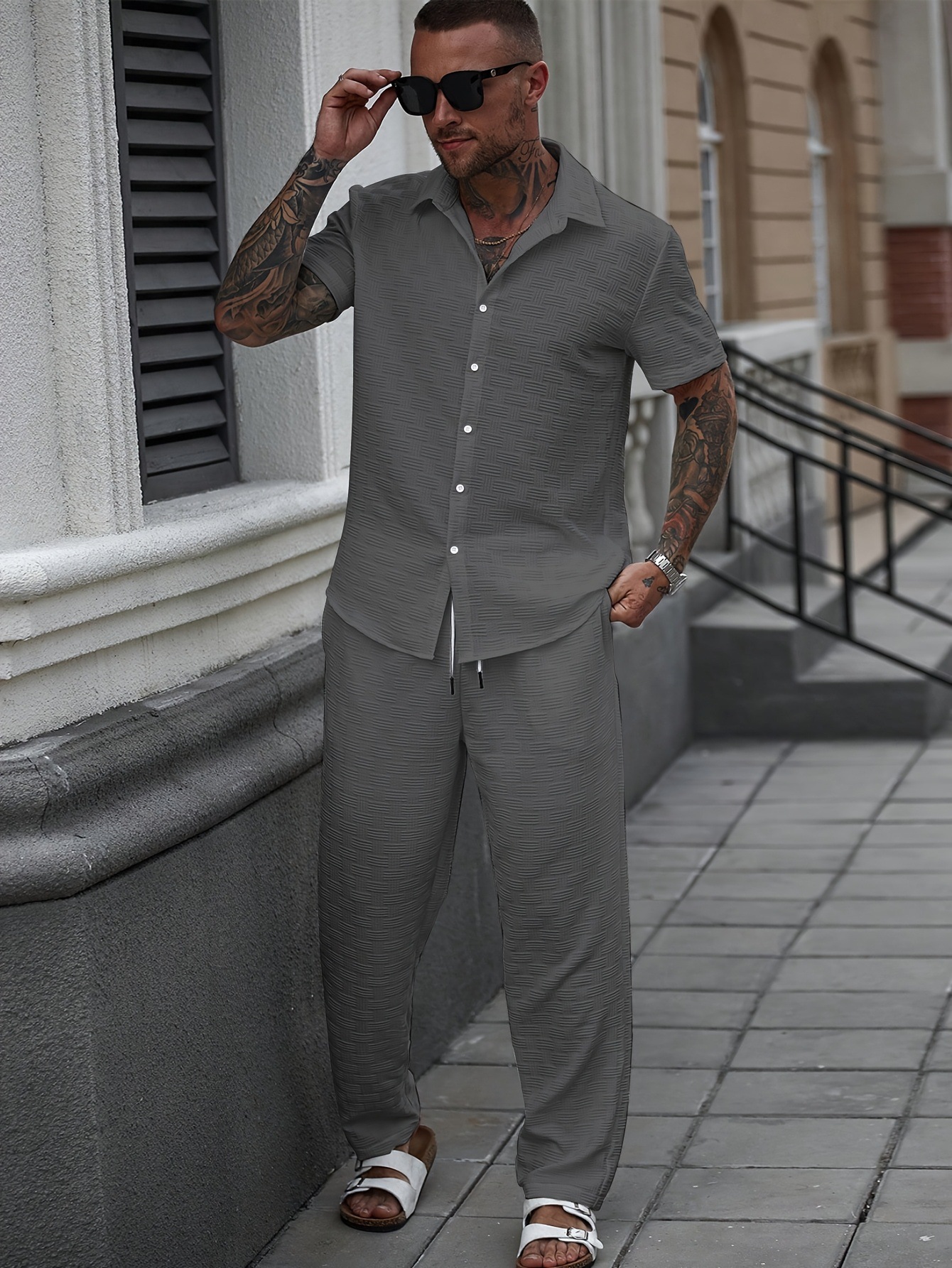 Men's Solid Color Summer Casual Set Single-Breasted Short Sleeve Shirt And Pants Outfit_viptrois.com
