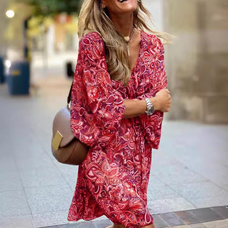 2023 Wish European And American New Summer Mid-Waist Pullover Midi Short Sleeve Printed Loose Dress_ecoleips.com