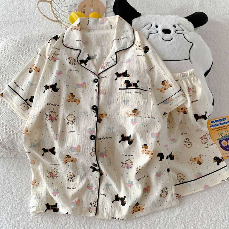 Cartoon Dachshund Dog Summer Sweet Pajamas for Women, Lapel Cardigan, Short Sleeve Shorts Set, Casual Wearable Home Clothes Cartoon Dachshund Dog Summer Sweet Pajamas for Women, Lapel Cardigan, Short Sleeve Shorts Set, Casual Wearable Home Clothes