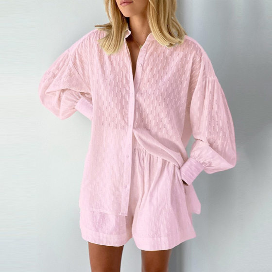 2025 Summer European and American Women's Clothing Shirt Jacquard Puff Sleeve Temperament Top Shorts Commuting Design Casual Suit