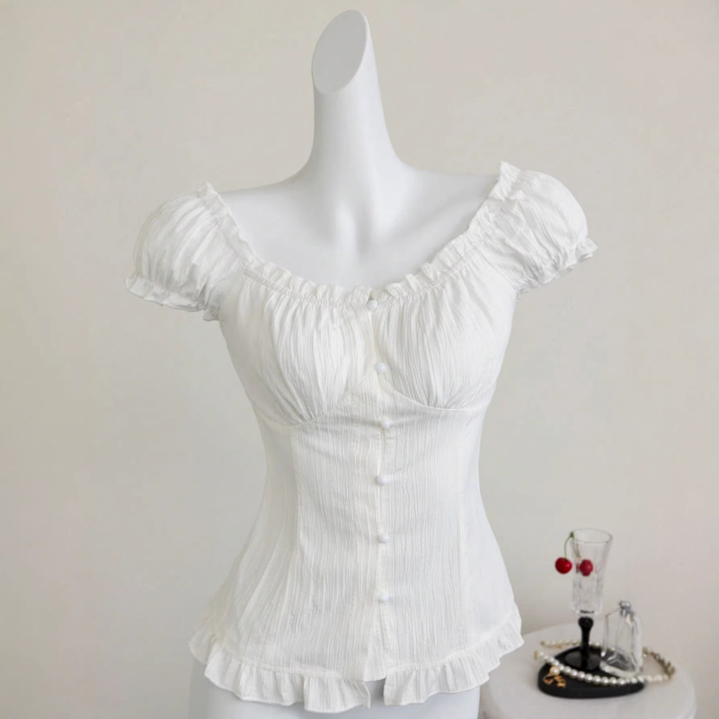 Cross-Border Temu Independent Site Tk Label Women's European and American Style Slim-Fit Round-Neck Button-Up Puff Sleeve Top Shirt