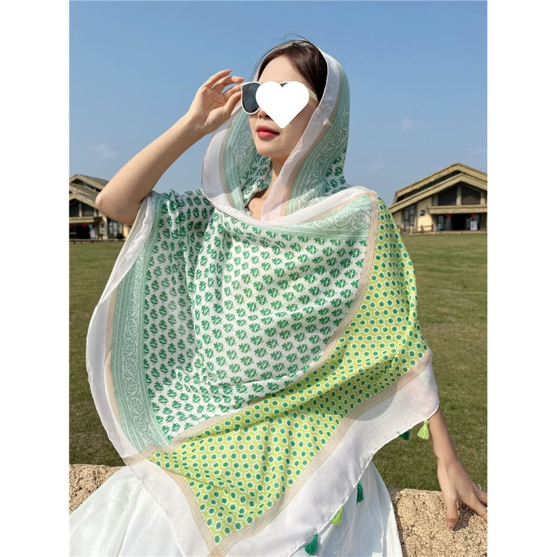 Свежий и простой зеленый шелковый шарф с цветочным принтом для женщин, летняя защита от солнца, большой пляжный шарф для путешествий, тонкий хлопково-льняной шарф, марлевый шарф.