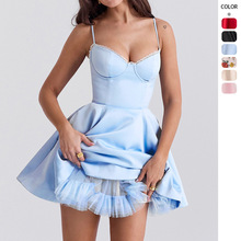 欧美亚马逊2025夏季女装辣妹吊带修身露背公主蓬蓬裙气质连衣裙女