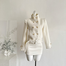 伦敦日记收腰毛呢外套修身中长款上衣+半裙