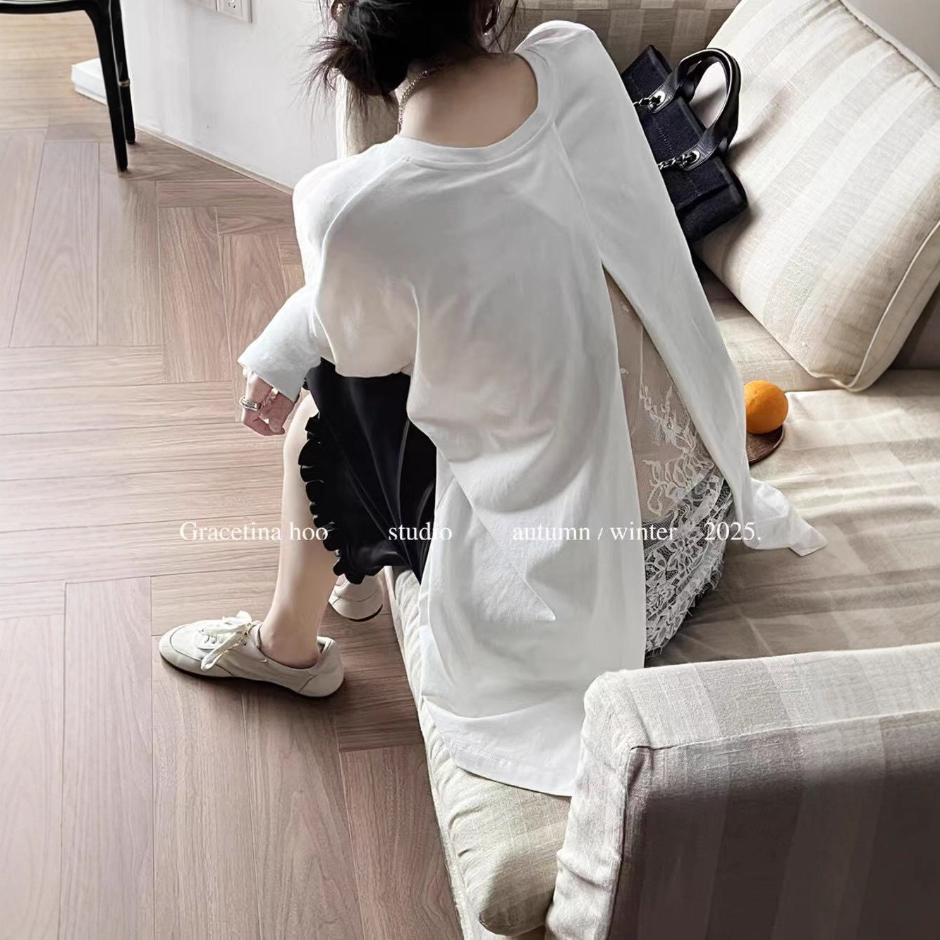 GRACETINAHOO法式交叠开衩蕾丝拼接慵懒松弛时髦感长袖T恤女TB566