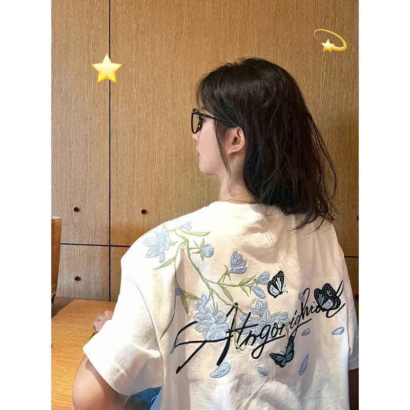 Special Offer Official Picture 220g Pure Cotton Short-Sleeved T-Shirt Summer 2025 New Trendy Embroidered Mid-Length Loose Round Neck Top Women's Clothing