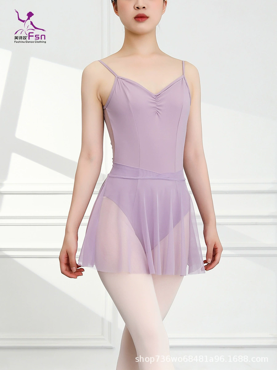 芙诗奴 Dance body suit dance clothing mesh short skirt suspender one-piece suit art exam body basic training adult training clothing
