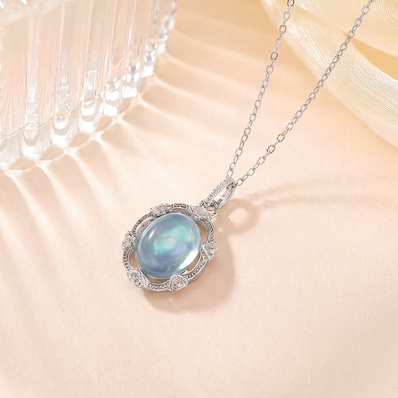 Mặt dây chuyền bạc S925 hình trứng đá Aquamarine phong cách thanh lịch, dây chuyền cổ trang sức bạc — Mặt dây chuyền đơn (không kèm dây)