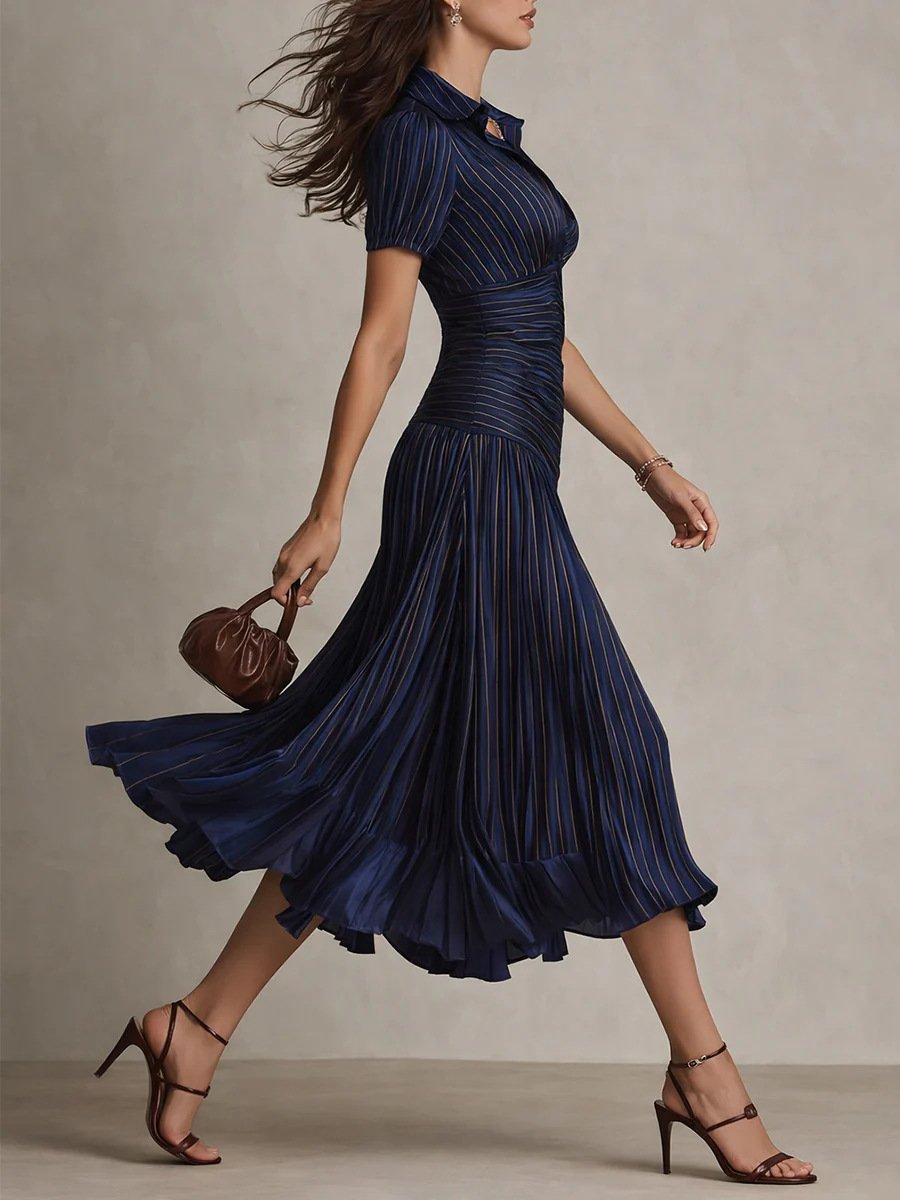 Elegantes Gestreiftes Satin Patchwork Kleid Für Den Urlaub_voghion.com