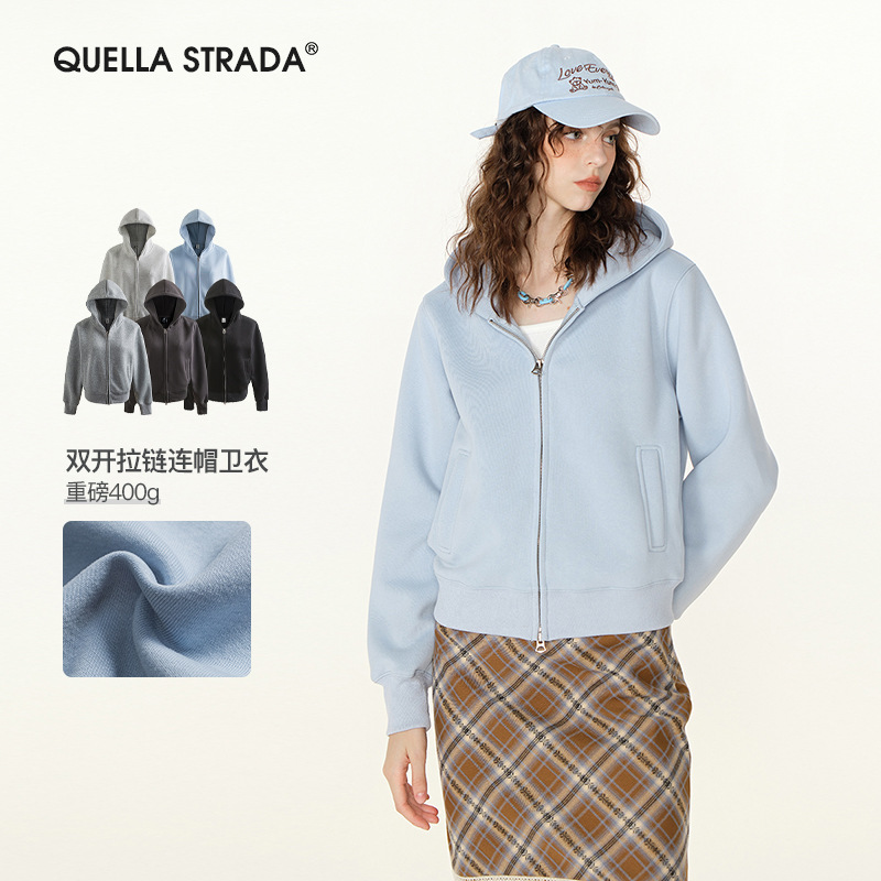 芸恩秋季美式短款连帽卫衣女士开衫双头拉链设计上衣复古潮牌外套