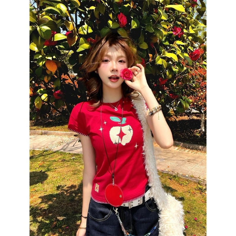 ドーパミンウェア右肩半袖レディースアップル刺繍レッドTシャツスリムフィットスイートトップ外国貿易クロスボーダー|undefined