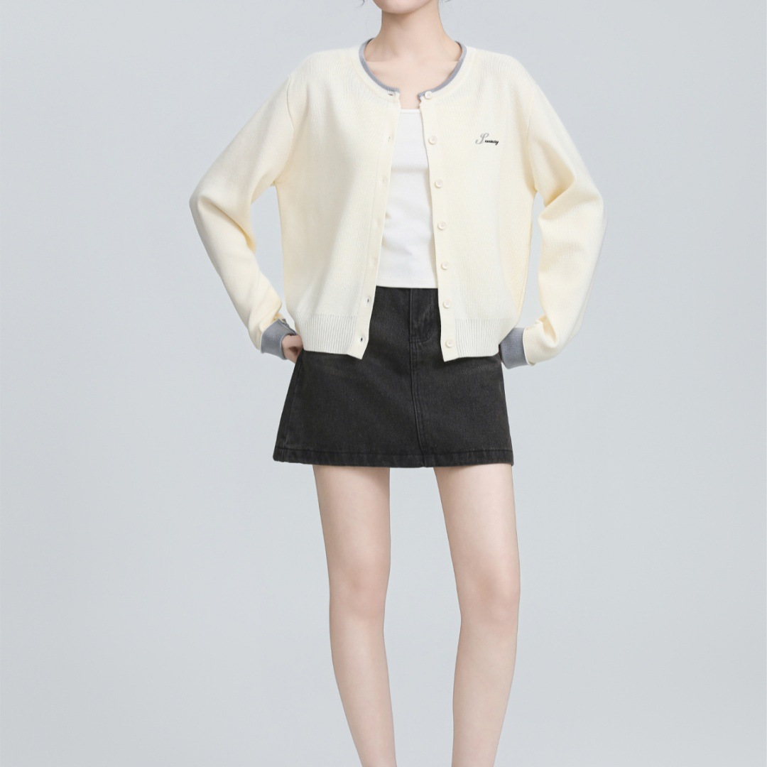 杏色撞色领长袖棉线针织开衫女2025新早秋休闲圆领字母刺绣薄外套