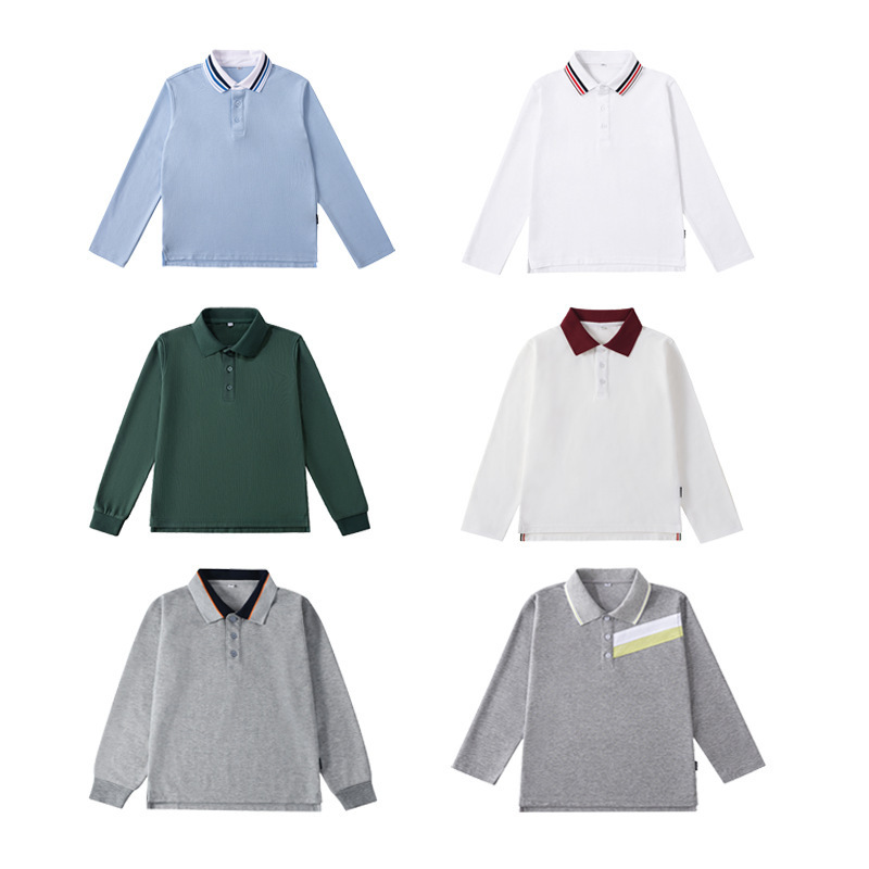Student School Uniform Lake Blue, Dark Green, Gray, Contrasting White Polo Shirt, Long-Sleeved Top, T-Shirt, College Style