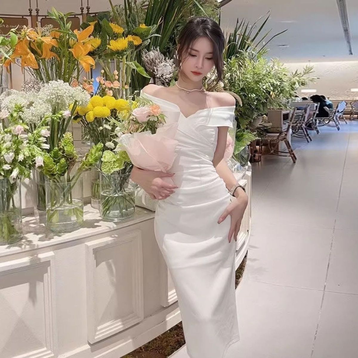 High-End Toast Dress Evening Dress White New Fashion Celebrity Slimming Look Hip-Hugging Elegant Fishtail Skirt Long Skirt for Women