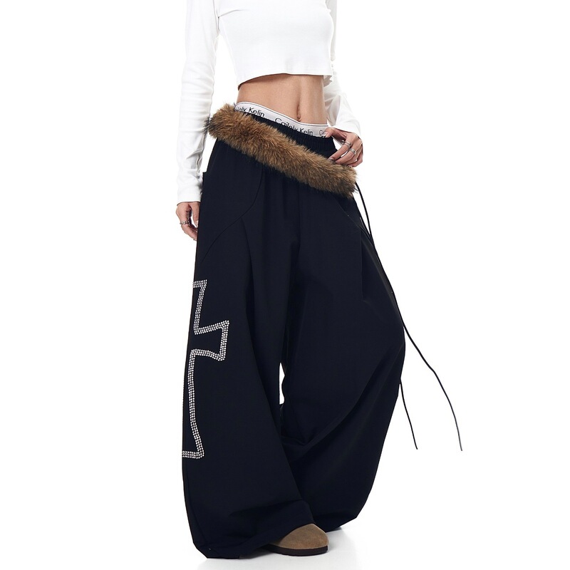 BLACKLISTS American retro deconstructed detachable fur collar work pants, unisex trendy brand, rhinestone embellished loose wide-leg pants