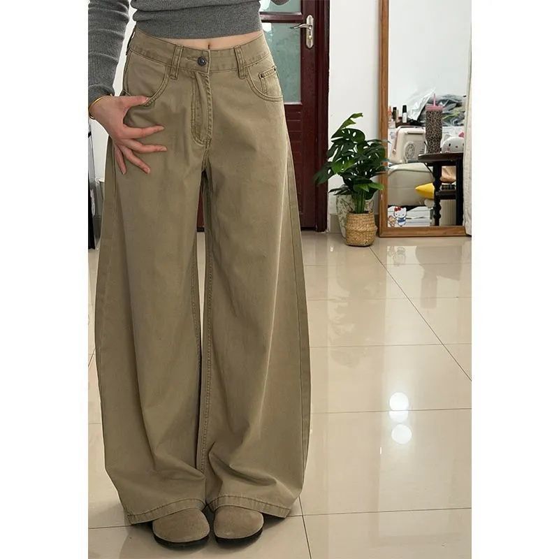 빈티지 워싱 카키 실루엣 와이드 데님 팬츠 여성 디자인 감각 하이웨스트