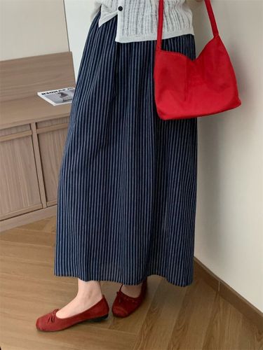 Slimming High-Waisted Striped Medium-Length Semi-Skirt for Summer and Autumn, New Arrival Elastic Waist Dress, Chinese Traditional Style