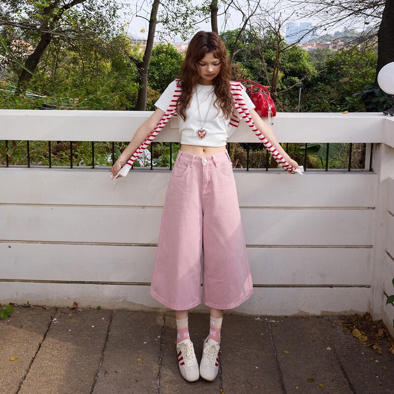 Yc& American Retro High-Waisted Drapey Cropped Pants Versatile Wide-Leg Pants Spring and Summer New Straight-Leg Jeans for Women in Pink Yc& American Retro High-Waisted Drapey Cropped Pants Versatile Wide-Leg Pants Spring and Summer New Straight-Leg Jeans for Women in Pink