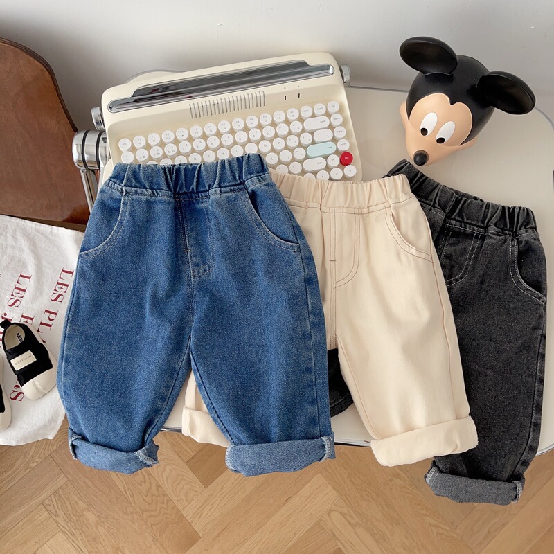 Children's Solid Color Jeans Spring and Autumn Boys' Simple Soft Casual Pants Korean Style Toddler Versatile Pants Trendy Style