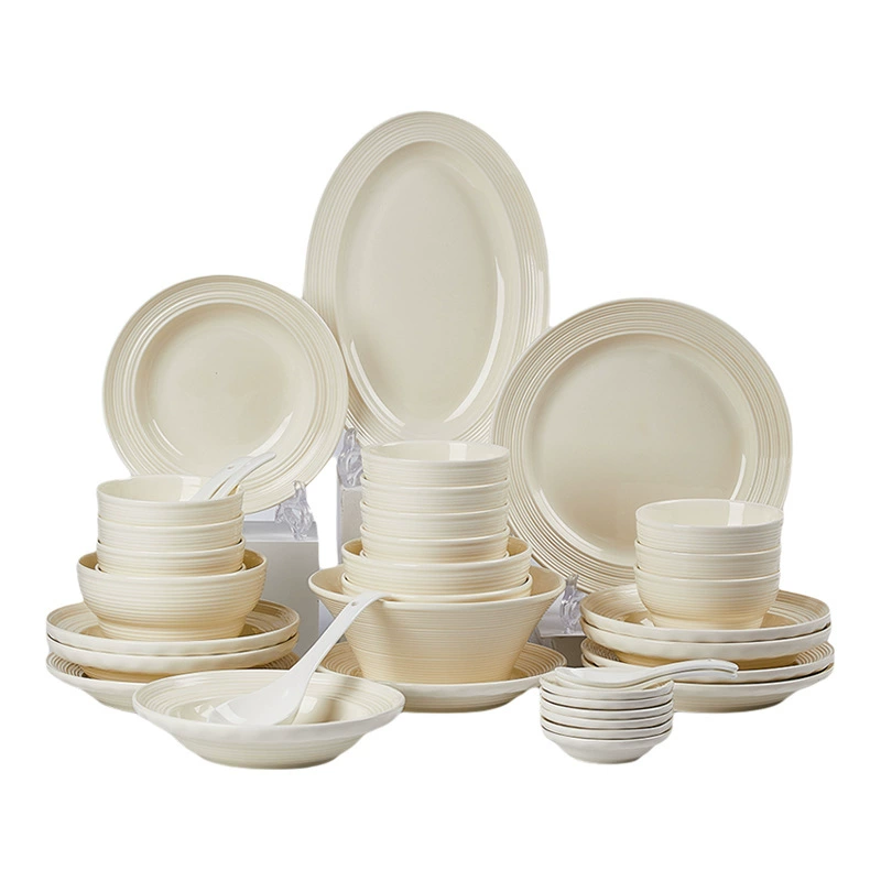 Baichuang Cream Ceramic Tableware Set Milk Yellow Thread Light Luxury Simple Elegant Design