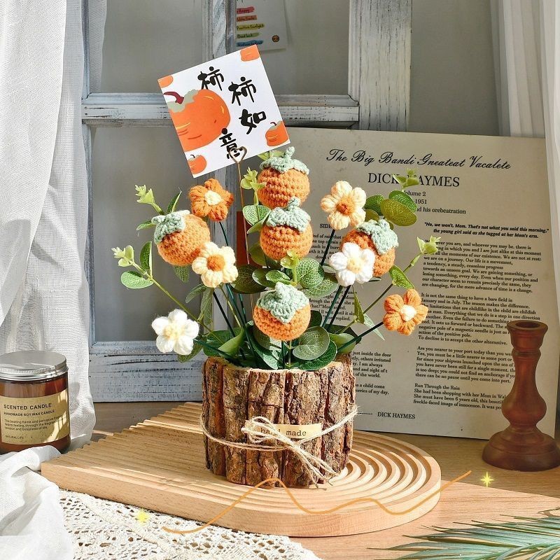 Caqui hecho a mano trenzado girasol ramo creativo frutas bayas tejido lana adornos