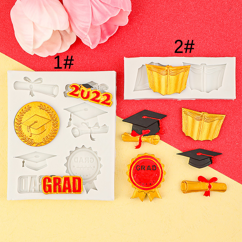 Temporada de graduación Molde de silicona Gorra de doctorado Medalla de medalla Molde de rollo de libro Decoración de pastel de bricolaje de chocolate con goteo