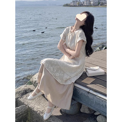 新しい中国風の禅スタイルのレイヤードドレススーツ女性のための夏のハイエンド刺繍レースブラウスとスカートの2点セット