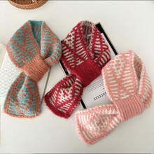 韩国东大门含羊毛交叉围巾女日韩少女小众双色针织保暖小围脖批发