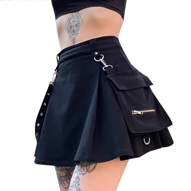 2025 Spring/Summer/Autumn Ready Stock Women's High-Waisted Pleated Skirt Functional Punk Irregular Workwear Skirt Half Skirt for Women