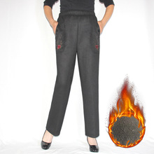 老年人长裤新款松紧带高腰女裤加绒外裤绣花厚冬裤子中老年奶奶裤