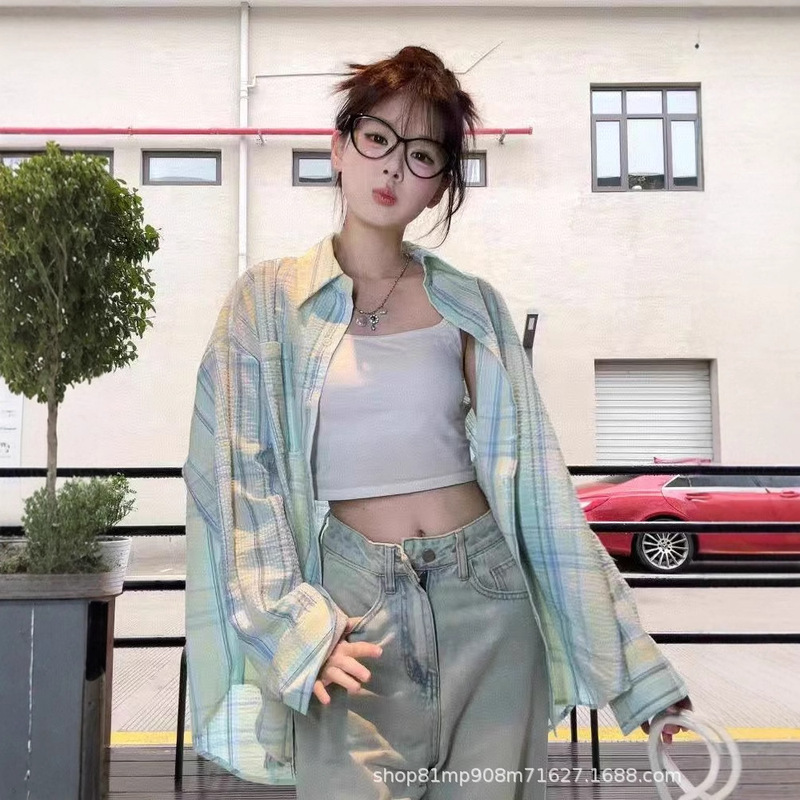 Mint Green Plaid Shirt for Women, Autumn 2025 New Thin Sun-Protective Long-Sleeve Commuter Cardigan Shirt, Japanese Style