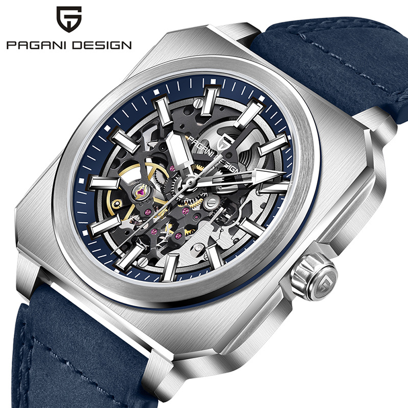 PAGANI DESIGN Bergani Fashion Movimiento mecánico hueco Cuadrado Acero inoxidable Reloj para hombre PD-1791