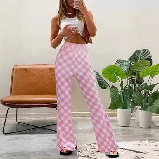2024 Amazon European and American Cross-Border Export Women's New Spring and Summer Pink Plaid Print Casual Retro Bell-Bottom Pants