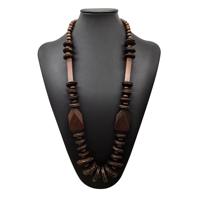 レトロ女性手作りビーズ幾何学木ココナツ殻コーヒー色単層ビーチ長セーターチェーンnecklace|undefined