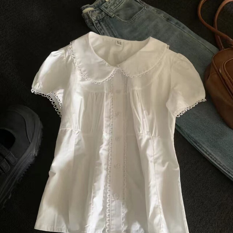 Sweet and Alluring Vibe, Also Slimming! White, Beautiful, Sweet Doll Collar Shirt for Women, 2026 Summer Top for Petite Figures Sweet and Alluring Vibe, Also Slimming! White, Beautiful, Sweet Doll Collar Shirt for Women, 2026 Summer Top for Petite Figures