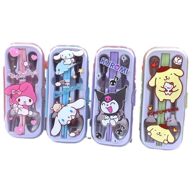Cute portátil Kulomi Yue Gui perros niños estudiantes palillos de acero inoxidable tenedor palillos set cubiertos set box